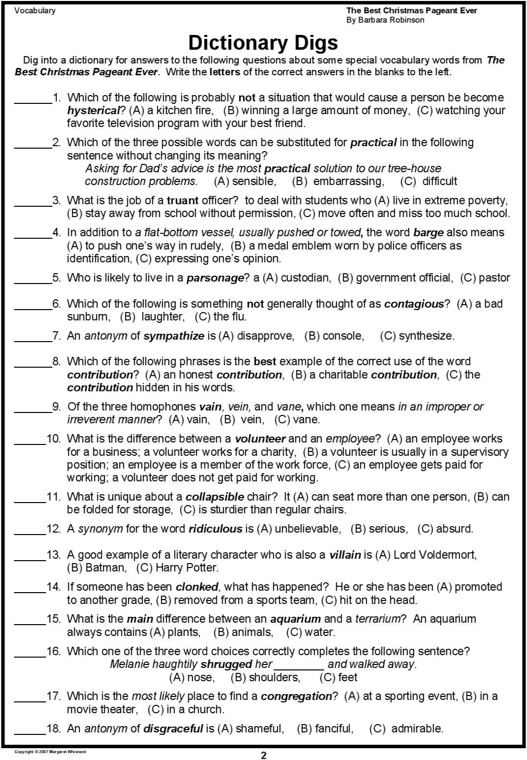 The Best Christmas Pageant Ever Study Guide/Tests