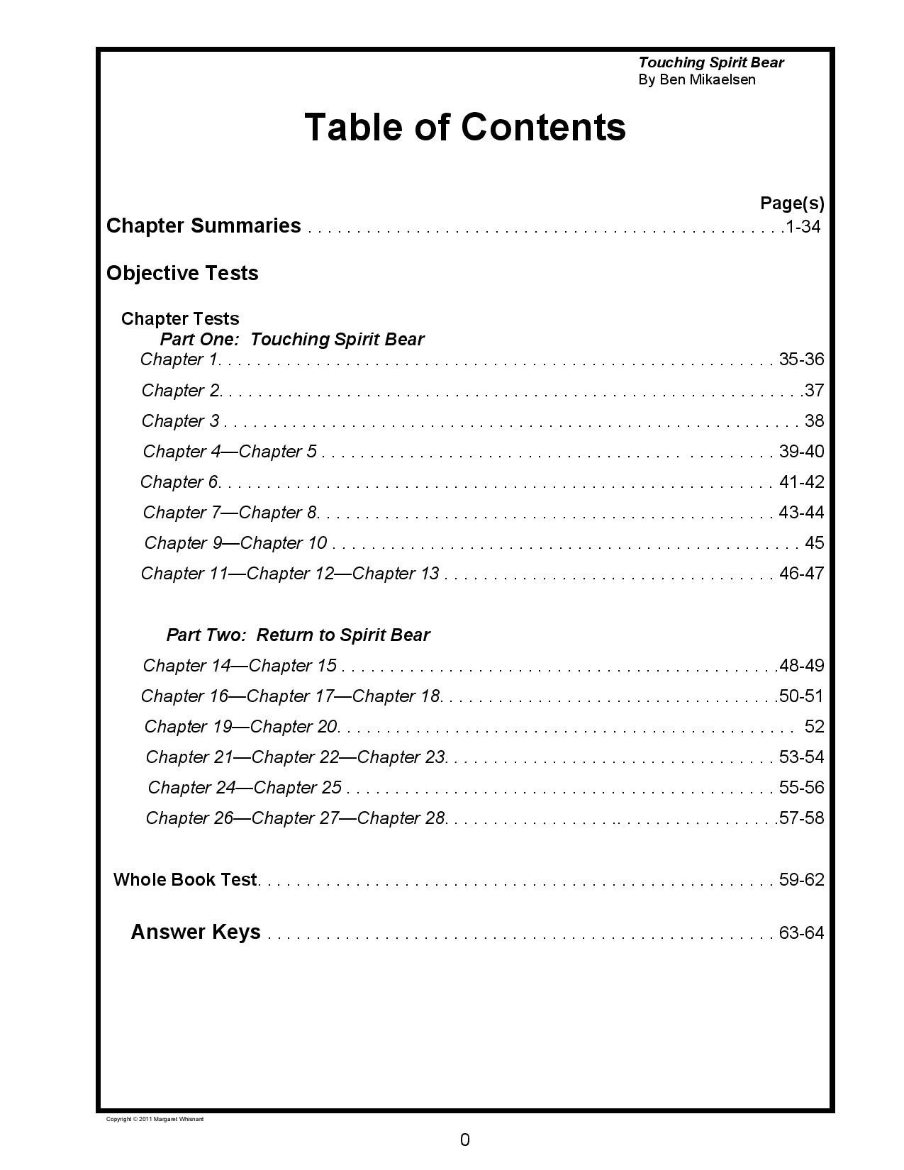 Touching Spirit Bear Chapter Comprehension Tests & Summaries