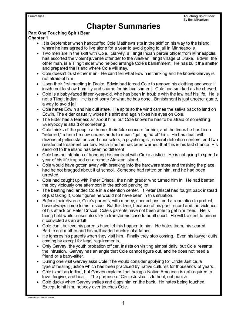 Touching Spirit Bear Chapter Comprehension Tests & Summaries