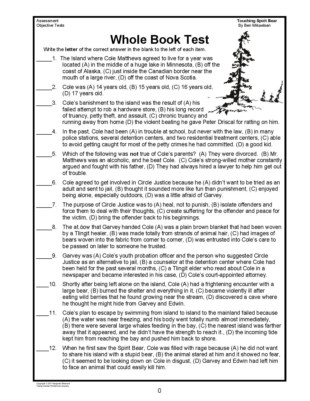 Touching Spirit Bear Whole Book Comprehension Test